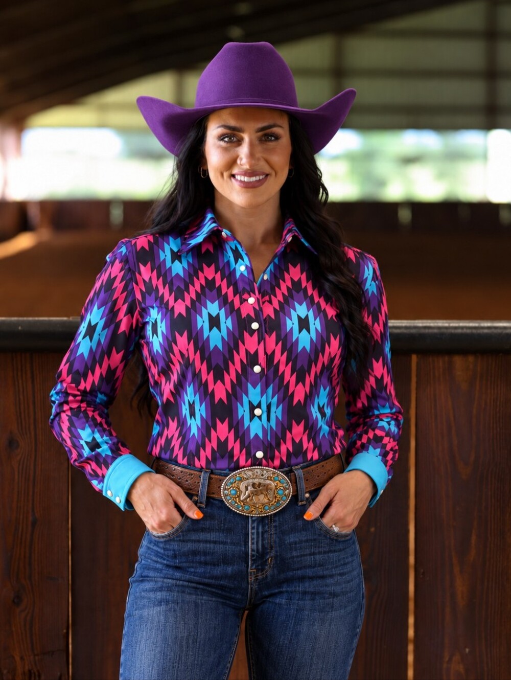 RANCH DRESS'N Fallon Taylor Pink/Blue/Purple Aztec Performance rodeo shirt sz S